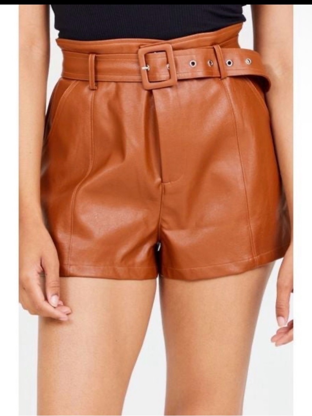 Altar'd State High-Waist Belted Faux Leather Shorts - Cognac